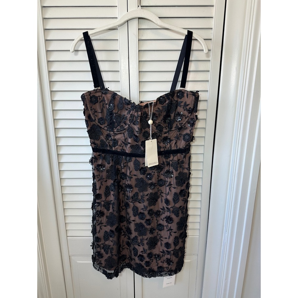 For Love & Lemons Black Lace Sequin Bustier Mini Dress Nude Lining Velvet Trim L